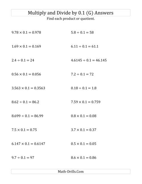 The Multiplying and Dividing Decimals by 0.1 (G) Math Worksheet Page 2