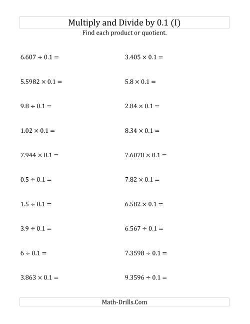 The Multiplying and Dividing Decimals by 0.1 (I) Math Worksheet