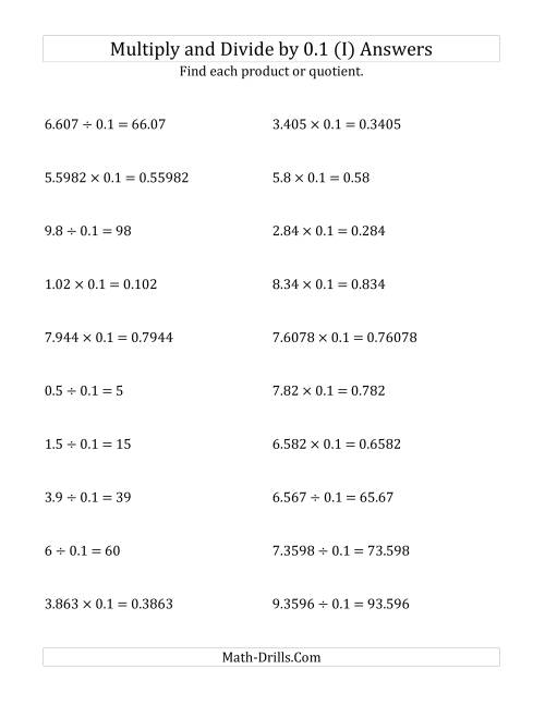 The Multiplying and Dividing Decimals by 0.1 (I) Math Worksheet Page 2