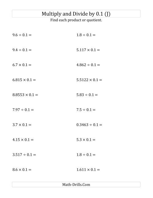 The Multiplying and Dividing Decimals by 0.1 (J) Math Worksheet