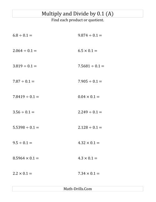 The Multiplying and Dividing Decimals by 0.1 (All) Math Worksheet
