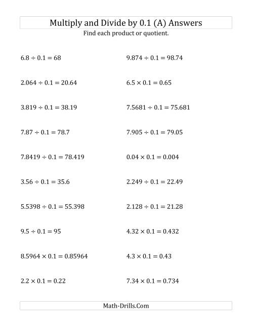 The Multiplying and Dividing Decimals by 0.1 (All) Math Worksheet Page 2