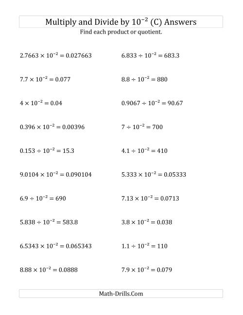 The Multiplying and Dividing Decimals by 10<sup>-2</sup> (C) Math Worksheet Page 2
