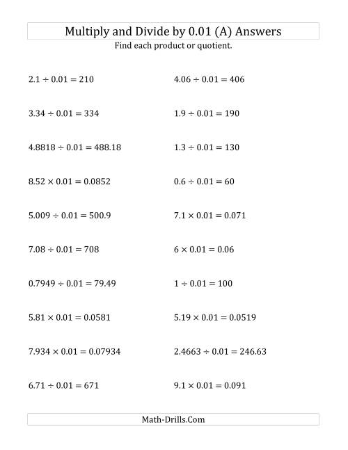 The Multiplying and Dividing Decimals by 0.01 (A) Math Worksheet Page 2