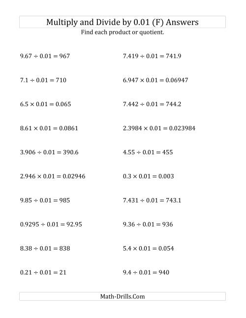 The Multiplying and Dividing Decimals by 0.01 (F) Math Worksheet Page 2