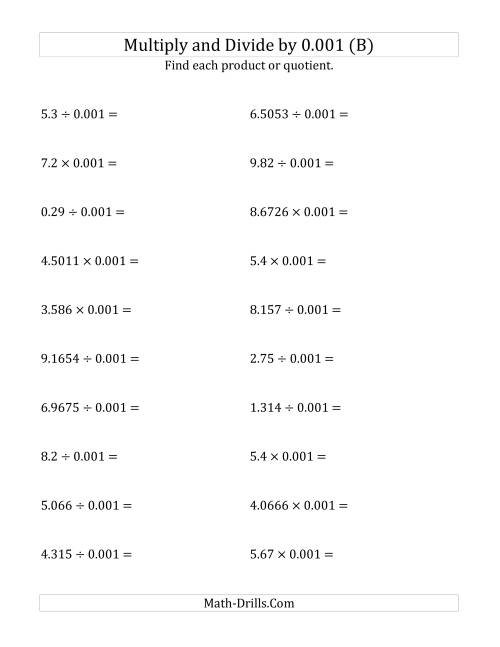 The Multiplying and Dividing Decimals by 0.001 (B) Math Worksheet
