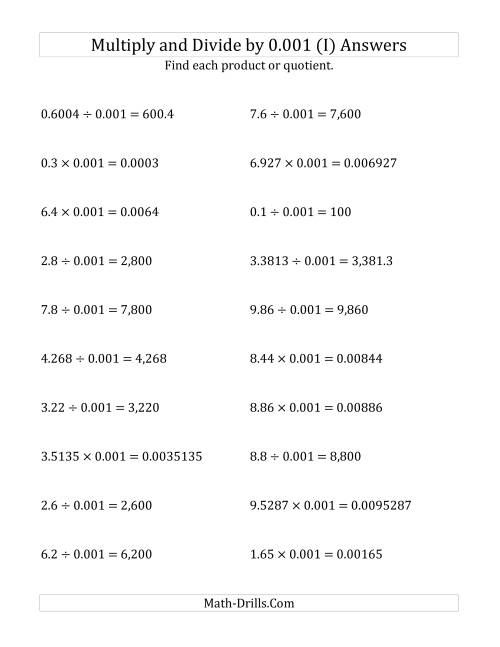 The Multiplying and Dividing Decimals by 0.001 (I) Math Worksheet Page 2