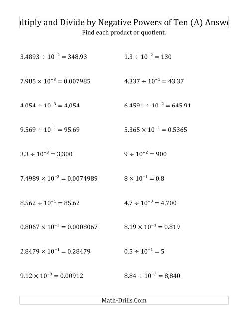 Multiplying And Dividing Decimals By Negative Powers Of Ten (Exponent Form) (A)