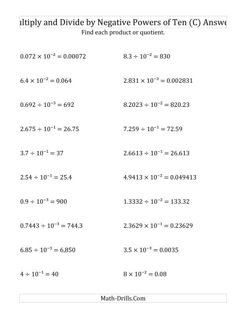 The Multiplying and Dividing Decimals by Negative Powers of Ten (Exponent Form) (C) Math Worksheet Page 2