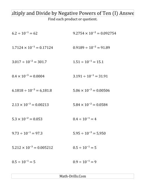 The Multiplying and Dividing Decimals by Negative Powers of Ten (Exponent Form) (I) Math Worksheet Page 2