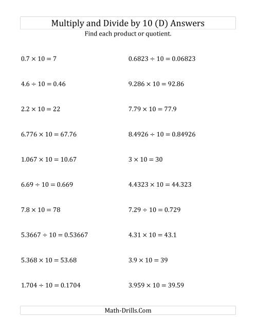 The Multiplying and Dividing Decimals by 10 (D) Math Worksheet Page 2