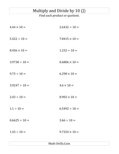 The Multiplying and Dividing Decimals by 10 (J) Math Worksheet