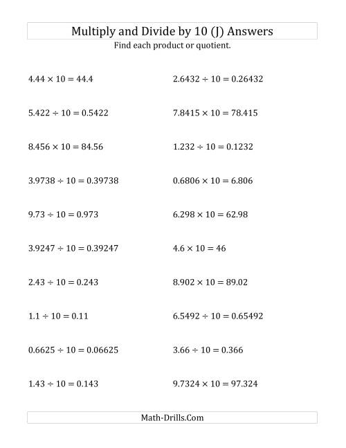The Multiplying and Dividing Decimals by 10 (J) Math Worksheet Page 2