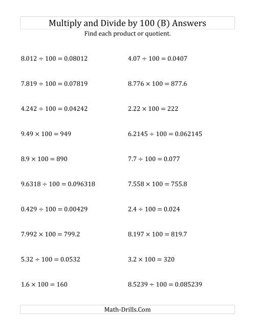 The Multiplying and Dividing Decimals by 100 (B) Math Worksheet Page 2