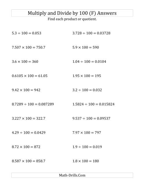 The Multiplying and Dividing Decimals by 100 (F) Math Worksheet Page 2