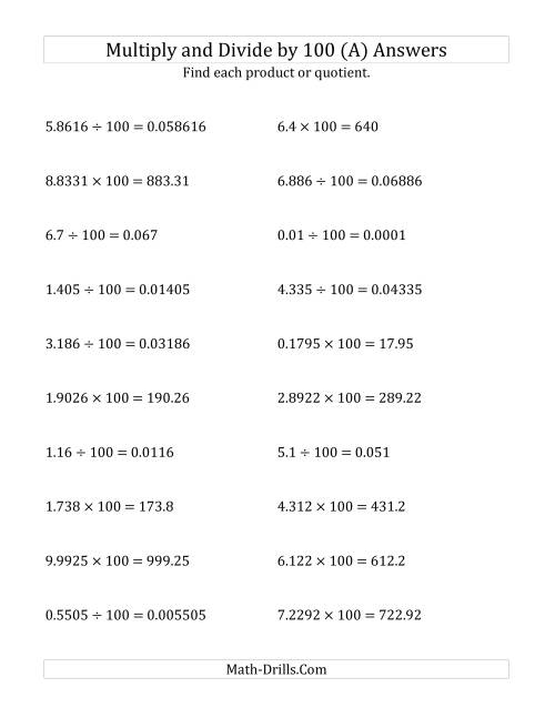 The Multiplying and Dividing Decimals by 100 (All) Math Worksheet Page 2