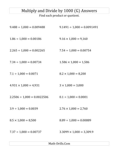 The Multiplying and Dividing Decimals by 1,000 (G) Math Worksheet Page 2