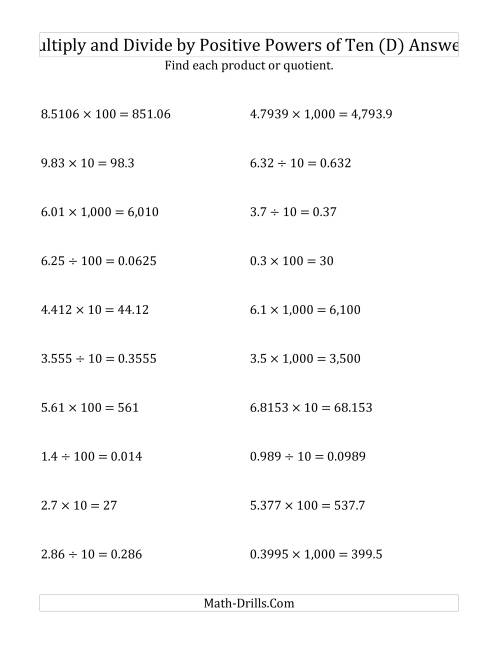The Multiplying and Dividing Decimals by Positive Powers of Ten (Standard Form) (D) Math Worksheet Page 2