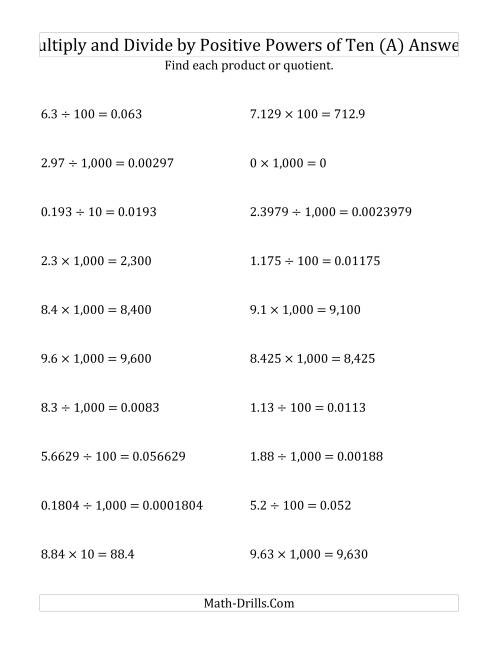 The Multiplying and Dividing Decimals by Positive Powers of Ten (Standard Form) (All) Math Worksheet Page 2