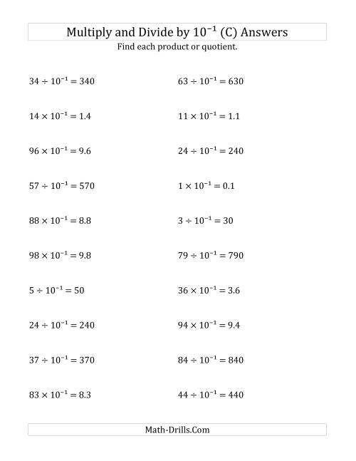 The Multiplying and Dividing Whole Numbers by 10<sup>-1</sup> (C) Math Worksheet Page 2
