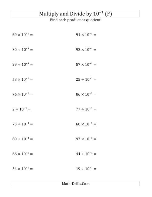 The Multiplying and Dividing Whole Numbers by 10<sup>-1</sup> (F) Math Worksheet