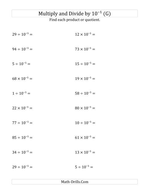 The Multiplying and Dividing Whole Numbers by 10<sup>-1</sup> (G) Math Worksheet