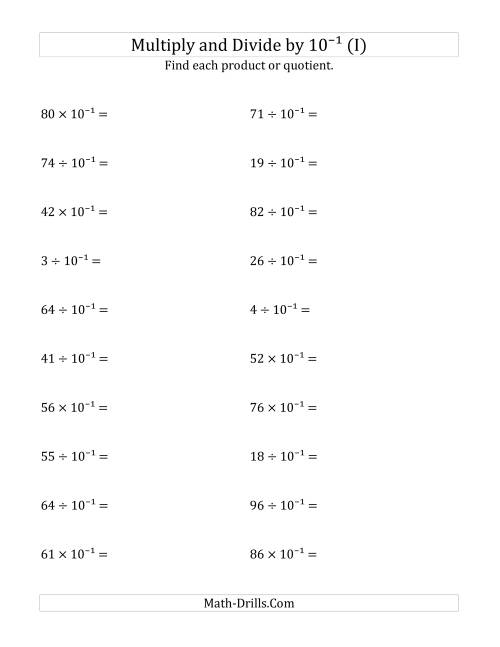 The Multiplying and Dividing Whole Numbers by 10<sup>-1</sup> (I) Math Worksheet