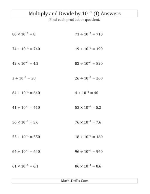 The Multiplying and Dividing Whole Numbers by 10<sup>-1</sup> (I) Math Worksheet Page 2