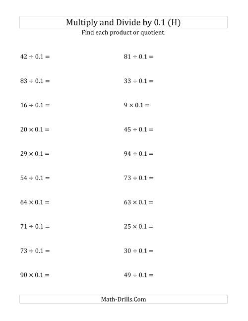 The Multiplying and Dividing Whole Numbers by 0.1 (H) Math Worksheet