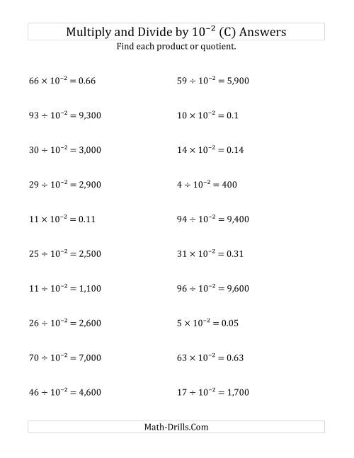 The Multiplying and Dividing Whole Numbers by 10<sup>-2</sup> (C) Math Worksheet Page 2