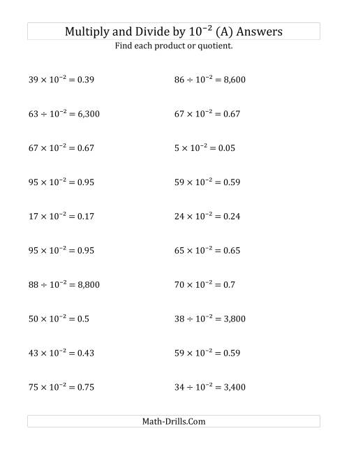 The Multiplying and Dividing Whole Numbers by 10<sup>-2</sup> (All) Math Worksheet Page 2