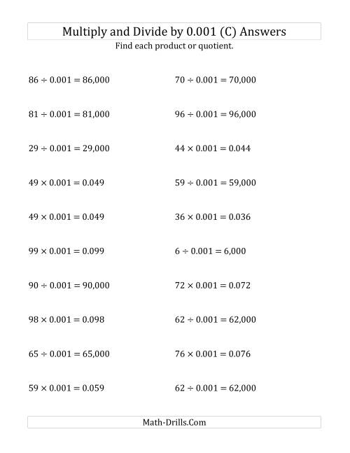 The Multiplying and Dividing Whole Numbers by 0.001 (C) Math Worksheet Page 2