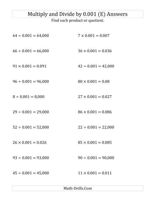 The Multiplying and Dividing Whole Numbers by 0.001 (E) Math Worksheet Page 2