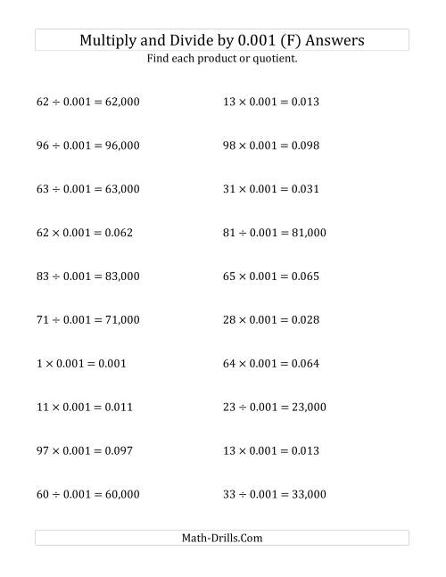 The Multiplying and Dividing Whole Numbers by 0.001 (F) Math Worksheet Page 2