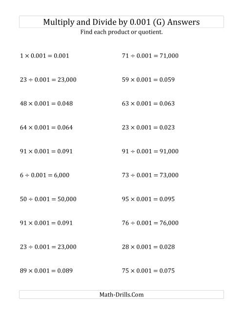 The Multiplying and Dividing Whole Numbers by 0.001 (G) Math Worksheet Page 2