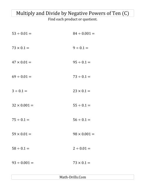 The Multiplying and Dividing Whole Numbers by Negative Powers of Ten (Standard Form) (C) Math Worksheet