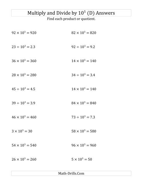 The Multiplying and Dividing Whole Numbers by 10<sup>1</sup> (D) Math Worksheet Page 2