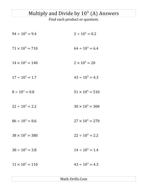 The Multiplying and Dividing Whole Numbers by 10<sup>1</sup> (All) Math Worksheet Page 2