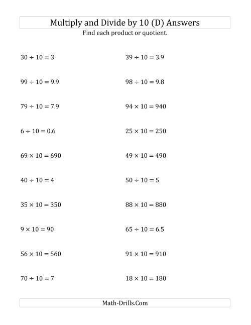 Multiplying and Dividing Whole Numbers by 10 (D)