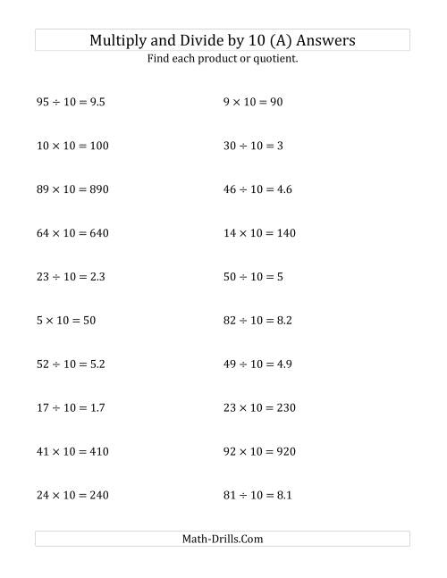 The Multiplying and Dividing Whole Numbers by 10 (All) Math Worksheet Page 2