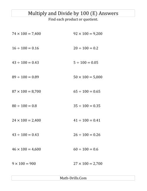 The Multiplying and Dividing Whole Numbers by 100 (E) Math Worksheet Page 2