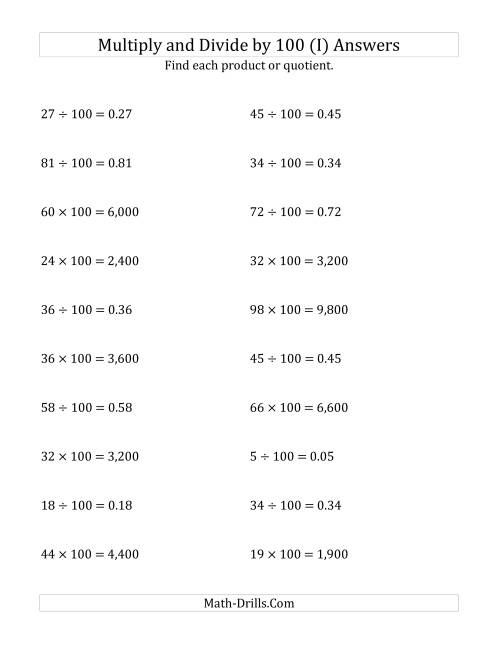 The Multiplying and Dividing Whole Numbers by 100 (I) Math Worksheet Page 2