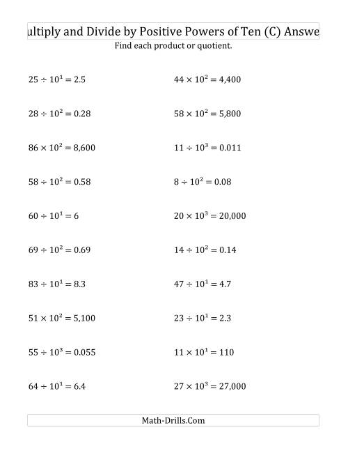 The Multiplying and Dividing Whole Numbers by Positive Powers of Ten (Exponent Form) (C) Math Worksheet Page 2