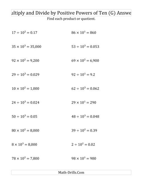 The Multiplying and Dividing Whole Numbers by Positive Powers of Ten (Exponent Form) (G) Math Worksheet Page 2