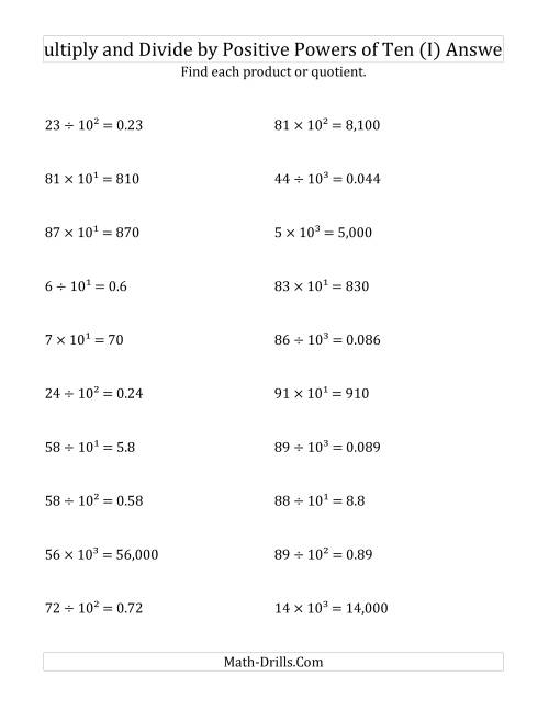 The Multiplying and Dividing Whole Numbers by Positive Powers of Ten (Exponent Form) (I) Math Worksheet Page 2