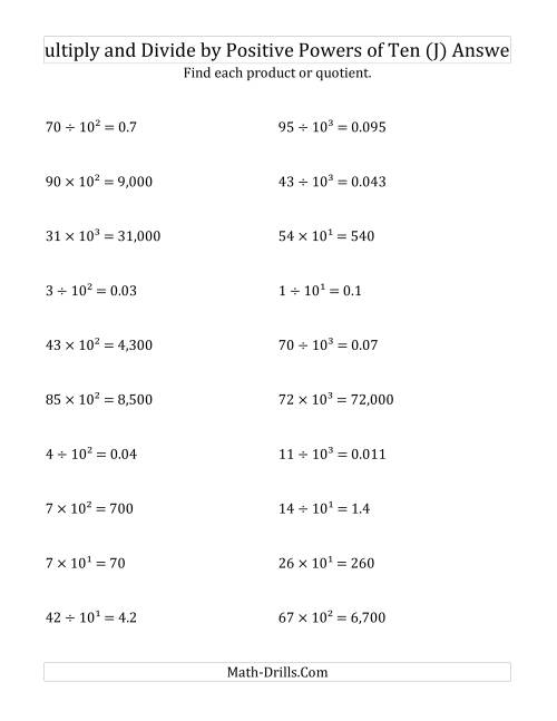The Multiplying and Dividing Whole Numbers by Positive Powers of Ten (Exponent Form) (J) Math Worksheet Page 2