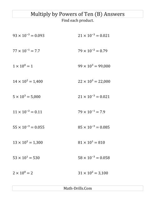 The Multiplying Whole Numbers by All Powers of Ten (Exponent Form) (B) Math Worksheet Page 2