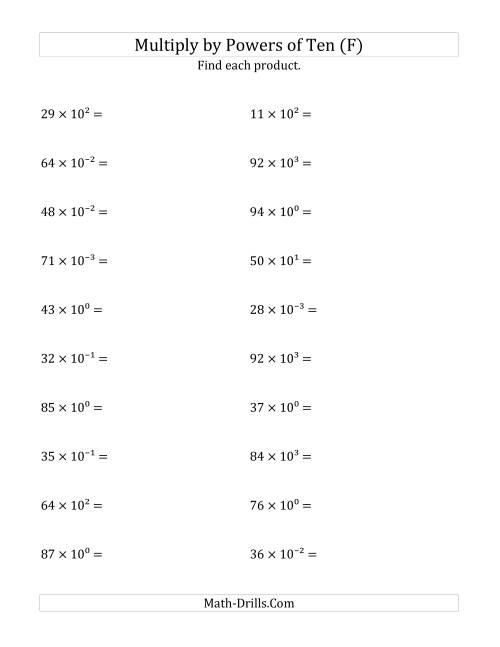 The Multiplying Whole Numbers by All Powers of Ten (Exponent Form) (F) Math Worksheet