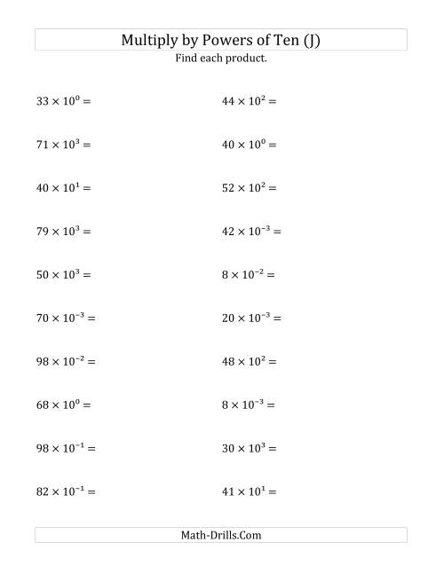 The Multiplying Whole Numbers by All Powers of Ten (Exponent Form) (J) Math Worksheet