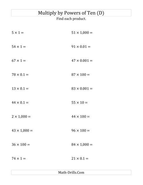The Multiplying Whole Numbers by All Powers of Ten (Standard Form) (D) Math Worksheet